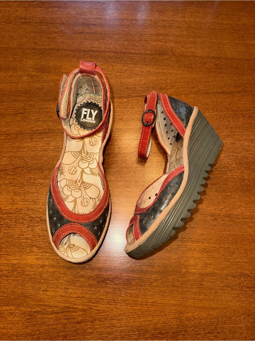 Fly London Red and Navy Wedge Sandals